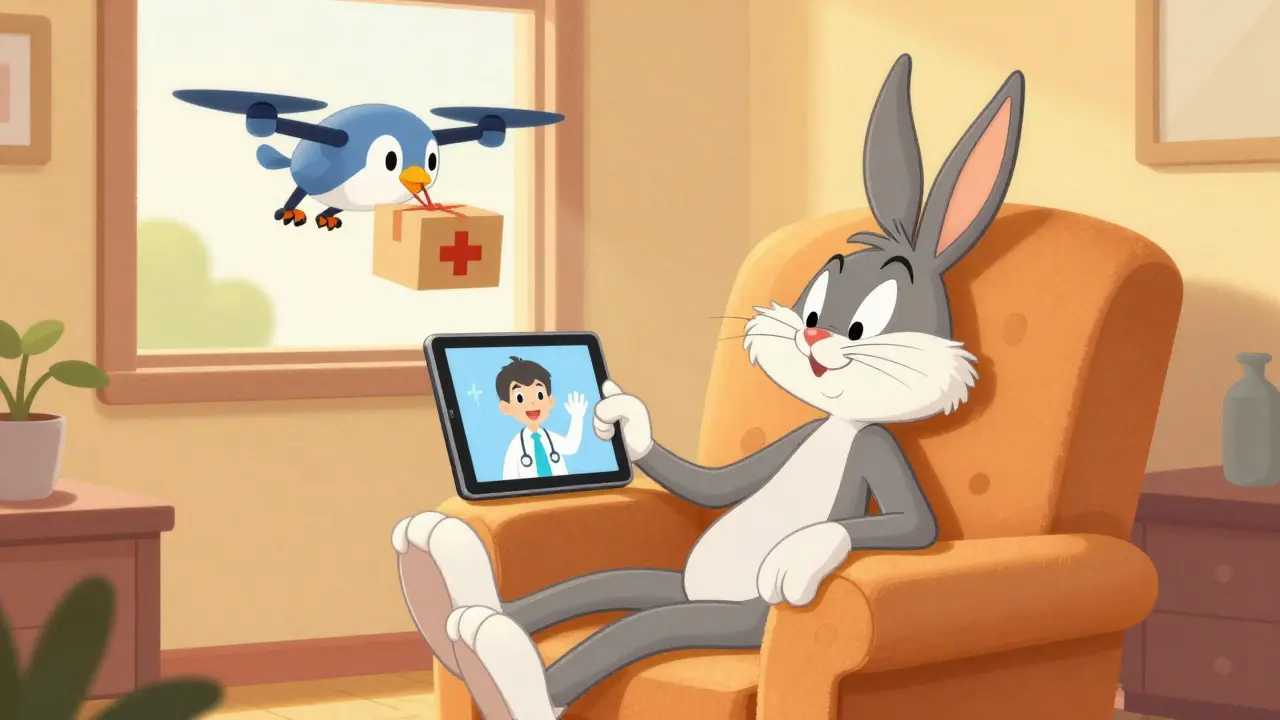 Relaxed character receiving home-delivered meds via drone while consulting doctor online.