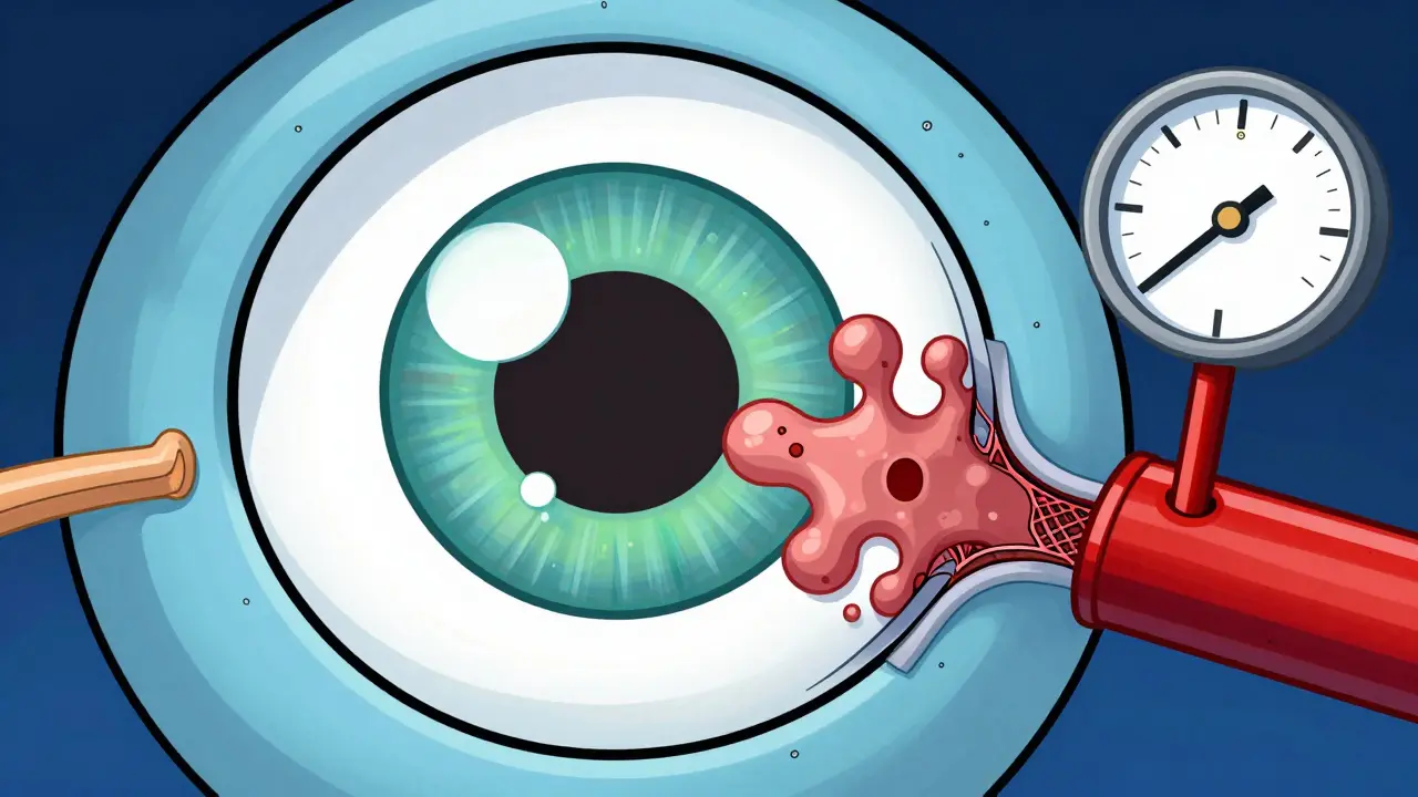 Animated eye cross-section showing clogged lens and high pressure