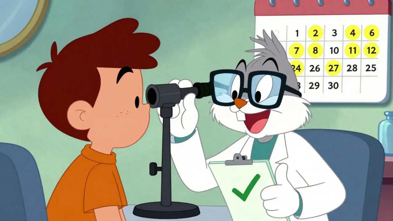 Cartoon doctor checking patient eye with monitoring schedule