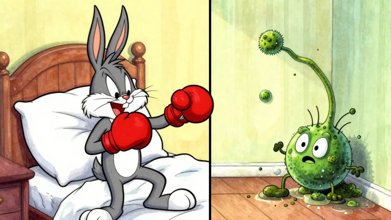 Cartoon dust mites and mold spores attacking pillows in a bedroom