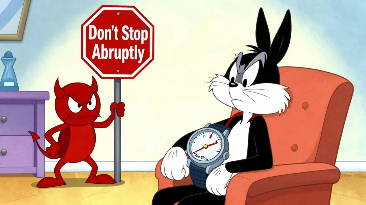 Cartoon patient checks slow pulse with devil warning against stopping meds