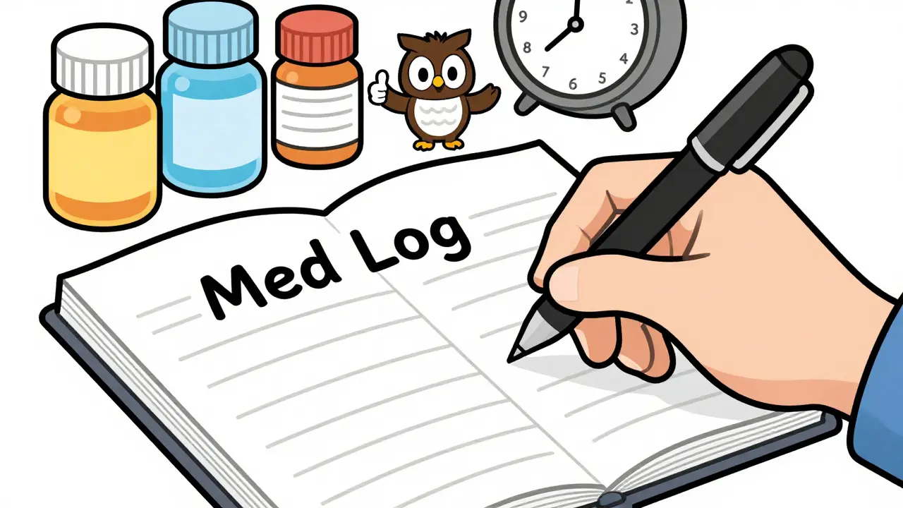Character writing in a clear medication log with a helper