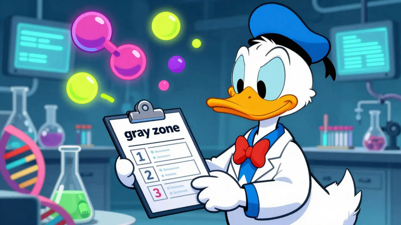 Doctor duck character reviewing biopsy results with floating DNA molecules