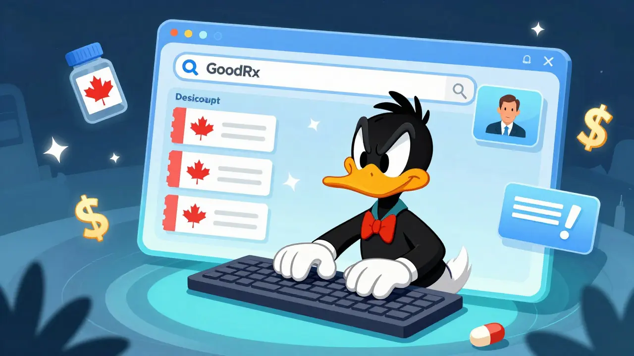 Duck character searching online for prescription discounts and safe pharmacy options