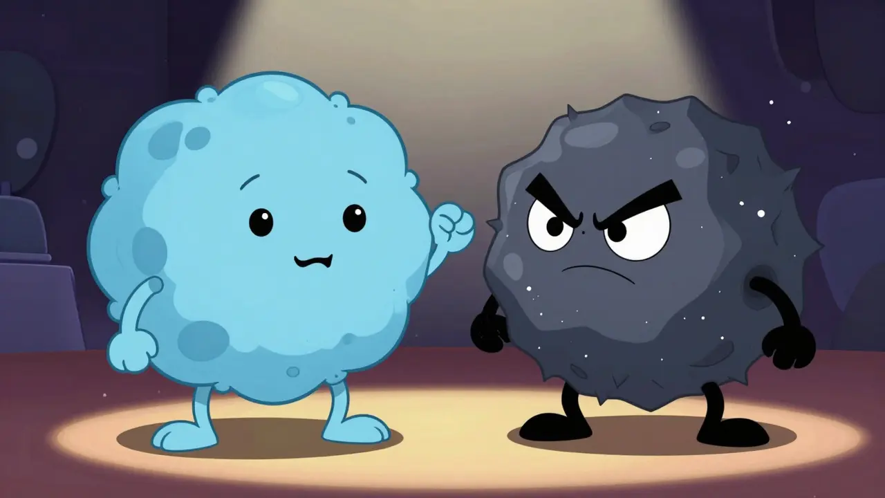 Friendly benign nodule versus spiky malignant nodule in cartoon style