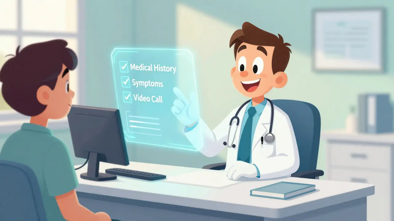 Friendly cartoon doctor guiding a patient through safe telehealth consultation