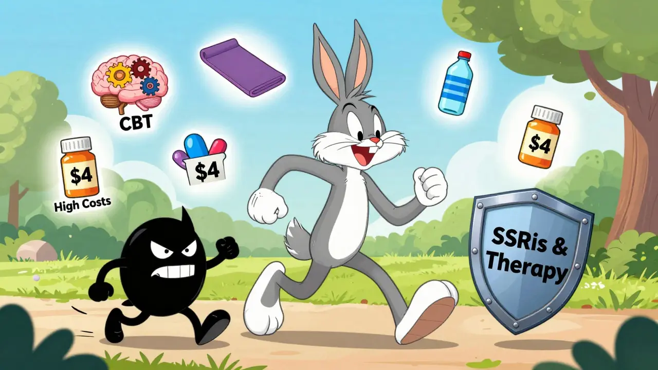 Happy cartoon character choosing healthy anxiety treatments over expensive drugs