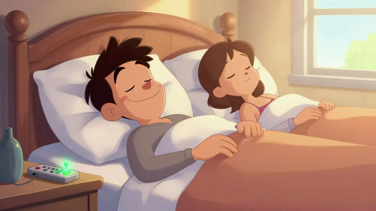 Happy couple sleeping with remote control nearby