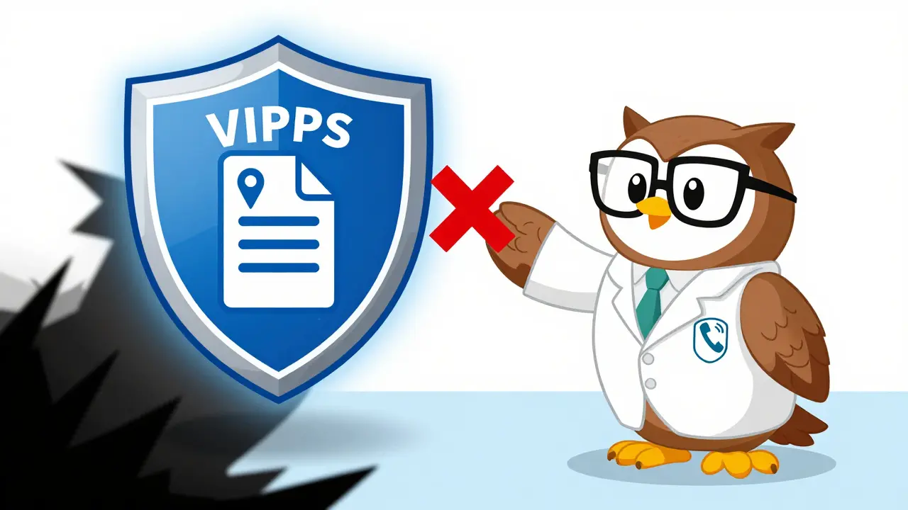 Owl doctor showing safety seals and warning against illegal online pharmacies