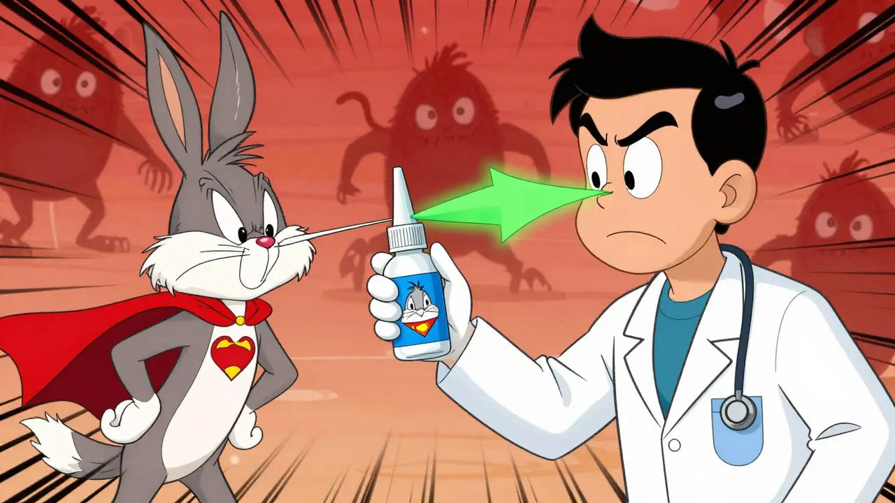 Superhero nasal spray bottle helping a patient fight inflammation