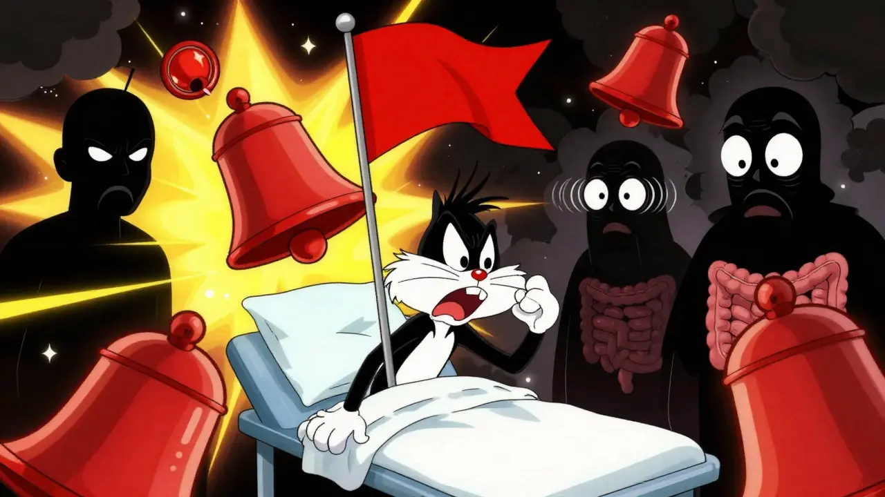 Animated character surrounded by red alarm bells signaling severe side effects