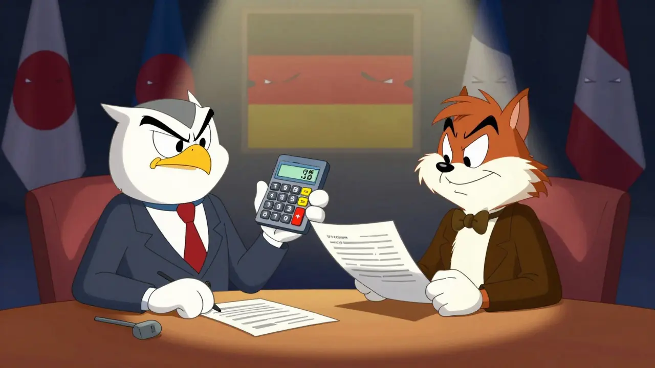 Animated characters negotiating drug prices at a table with skeptical onlookers