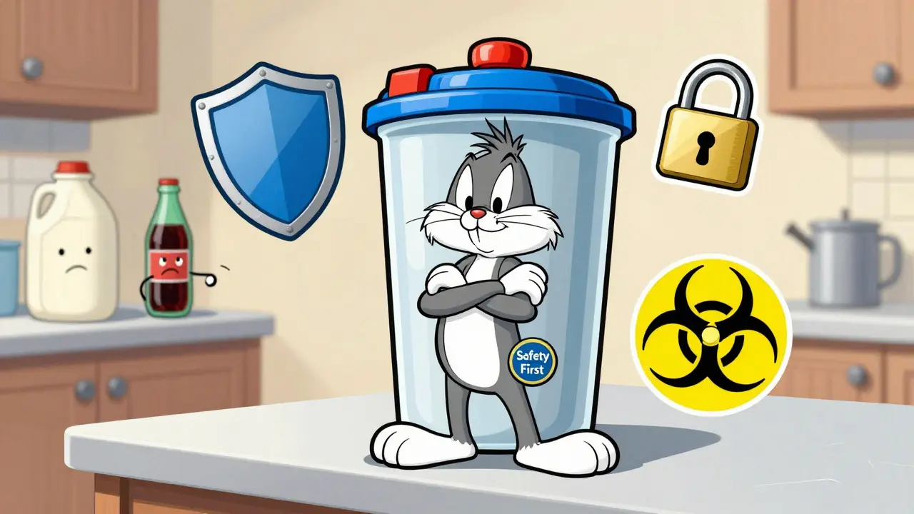 Anthropomorphic sharps container standing proudly next to rejected bottles