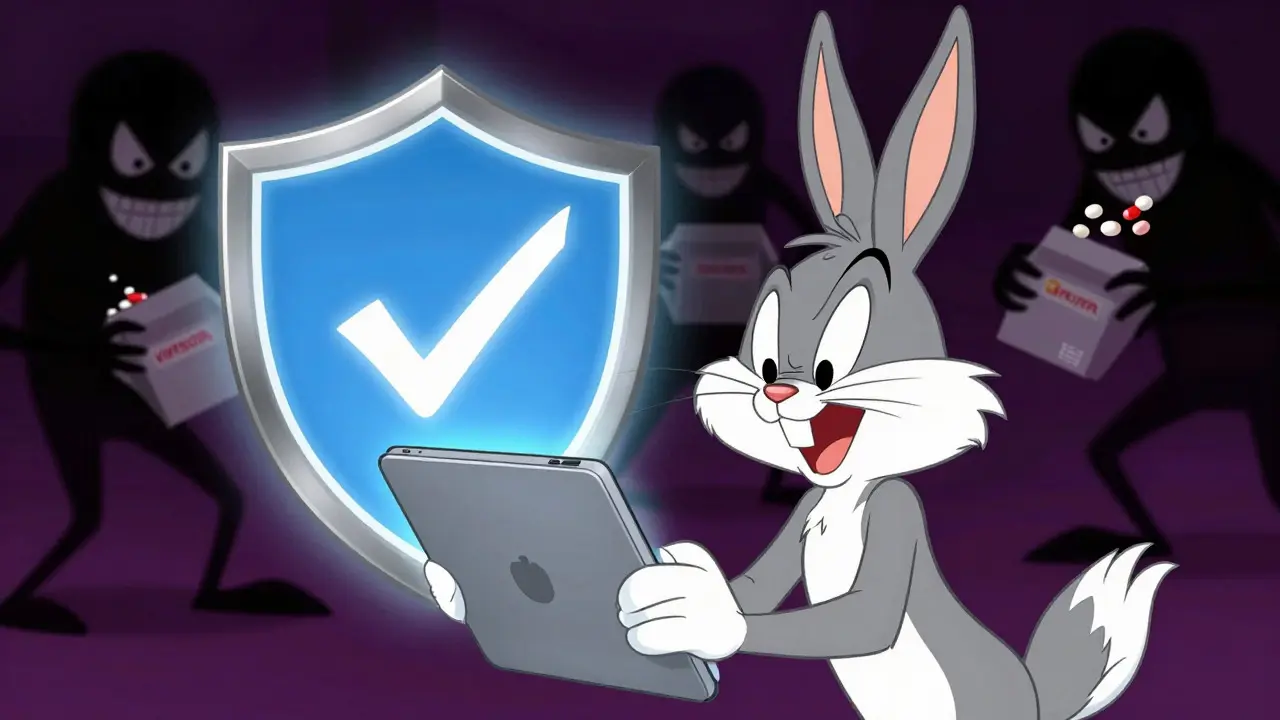 Cartoon character verifying safe online pharmacy with security shield