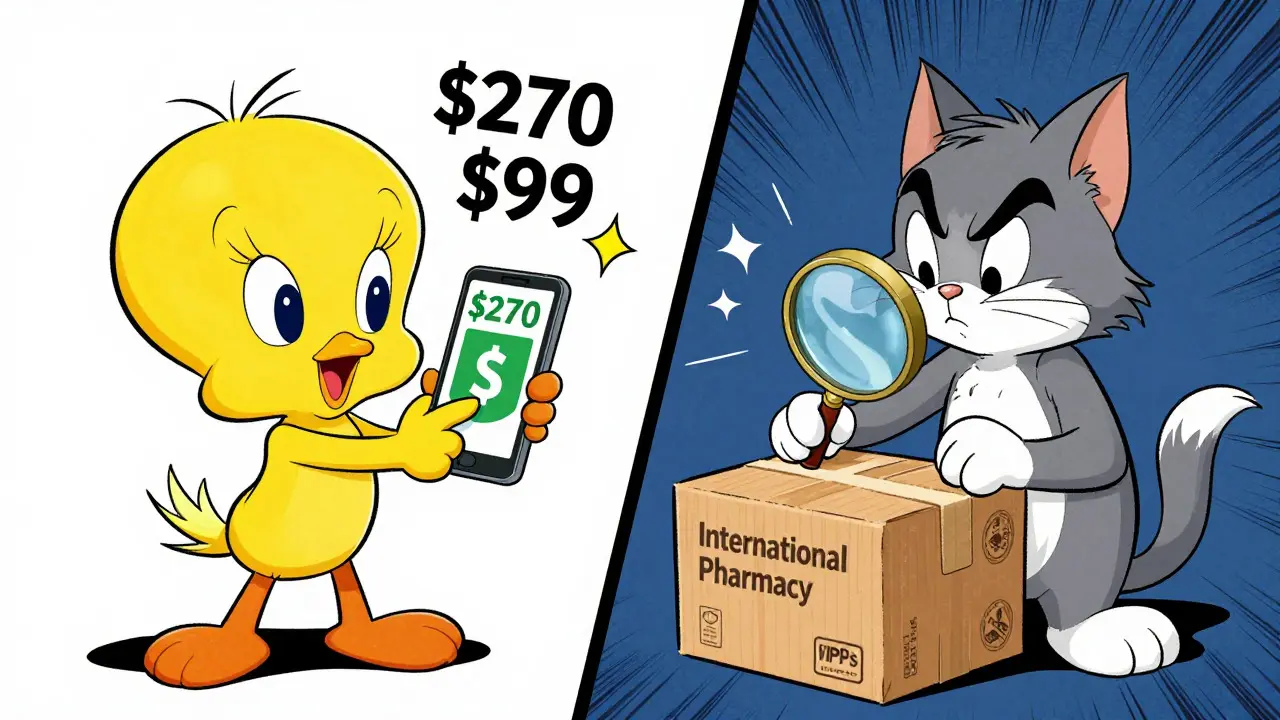 Cartoon characters comparing discount coupons versus verifying international pharmacy safety