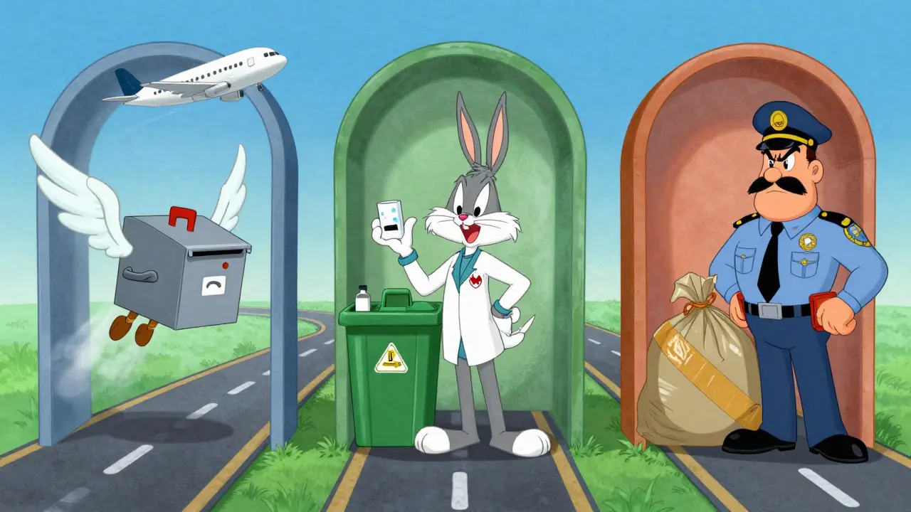 Cartoon characters showing mail-back, drop-off, and trash disposal options