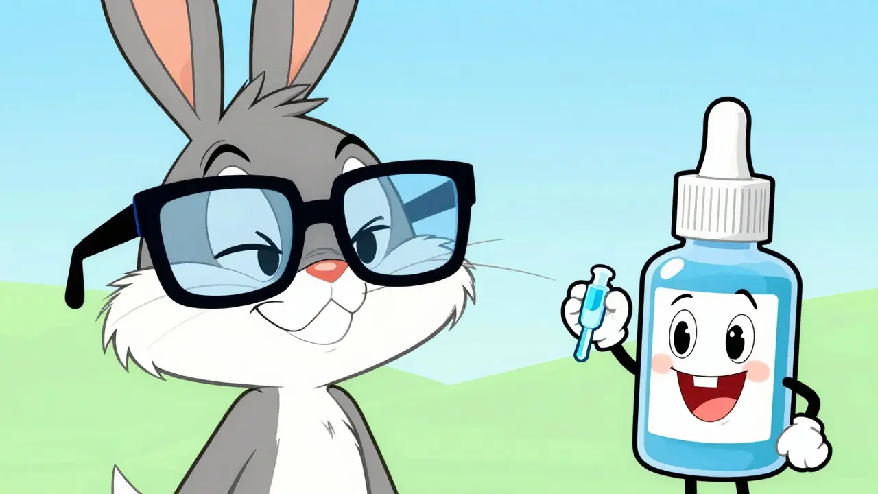 Cartoon eyes with blue light glasses and a friendly eye drop bottle mascot
