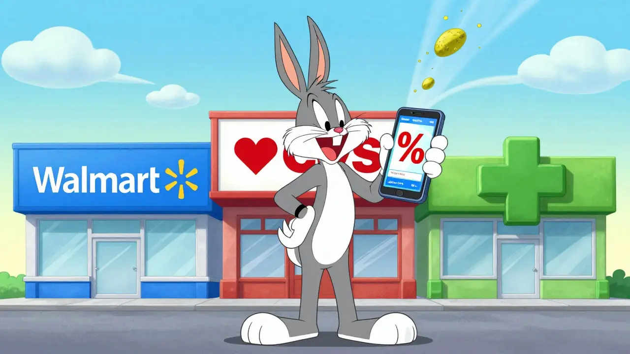 Cartoon shopper using coupons at major pharmacy stores for allergy medicine savings.