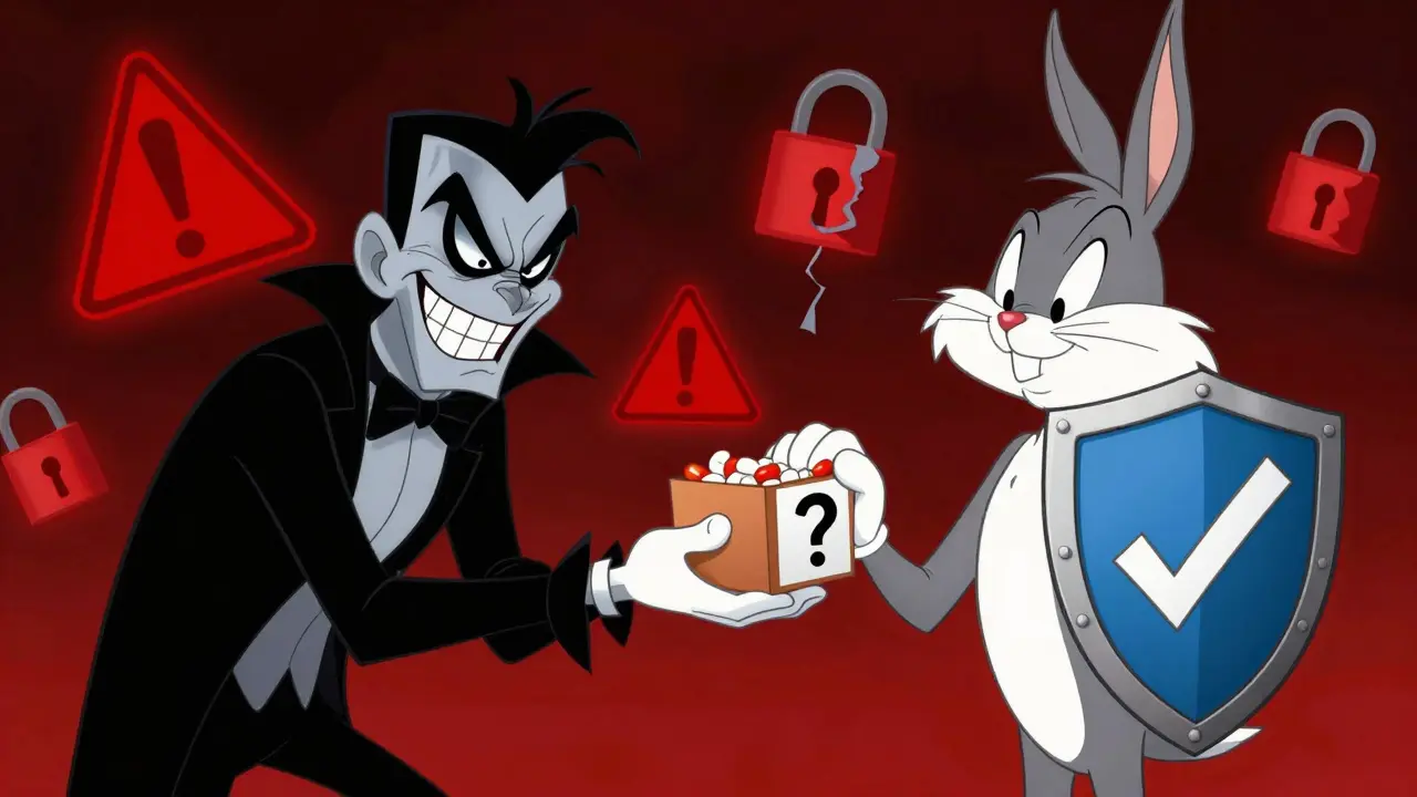 Cartoon warning about fake online pharmacies versus safe verified sellers.