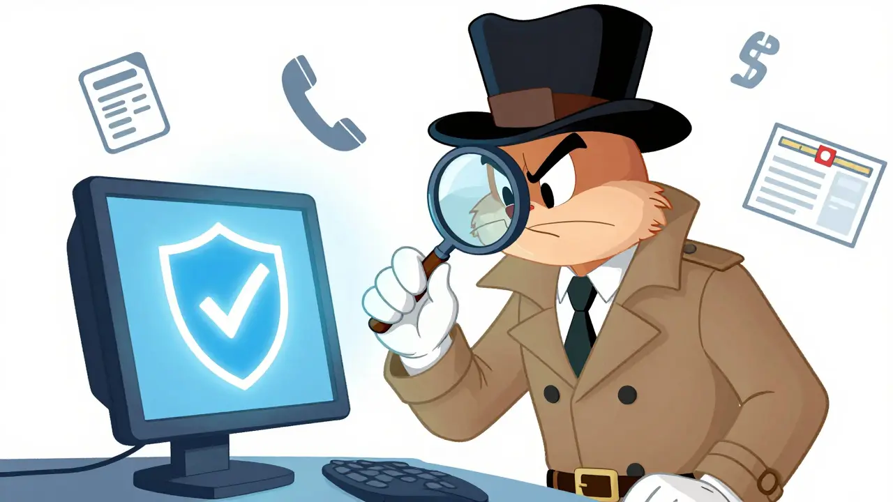 Detective cartoon character verifying online pharmacy safety