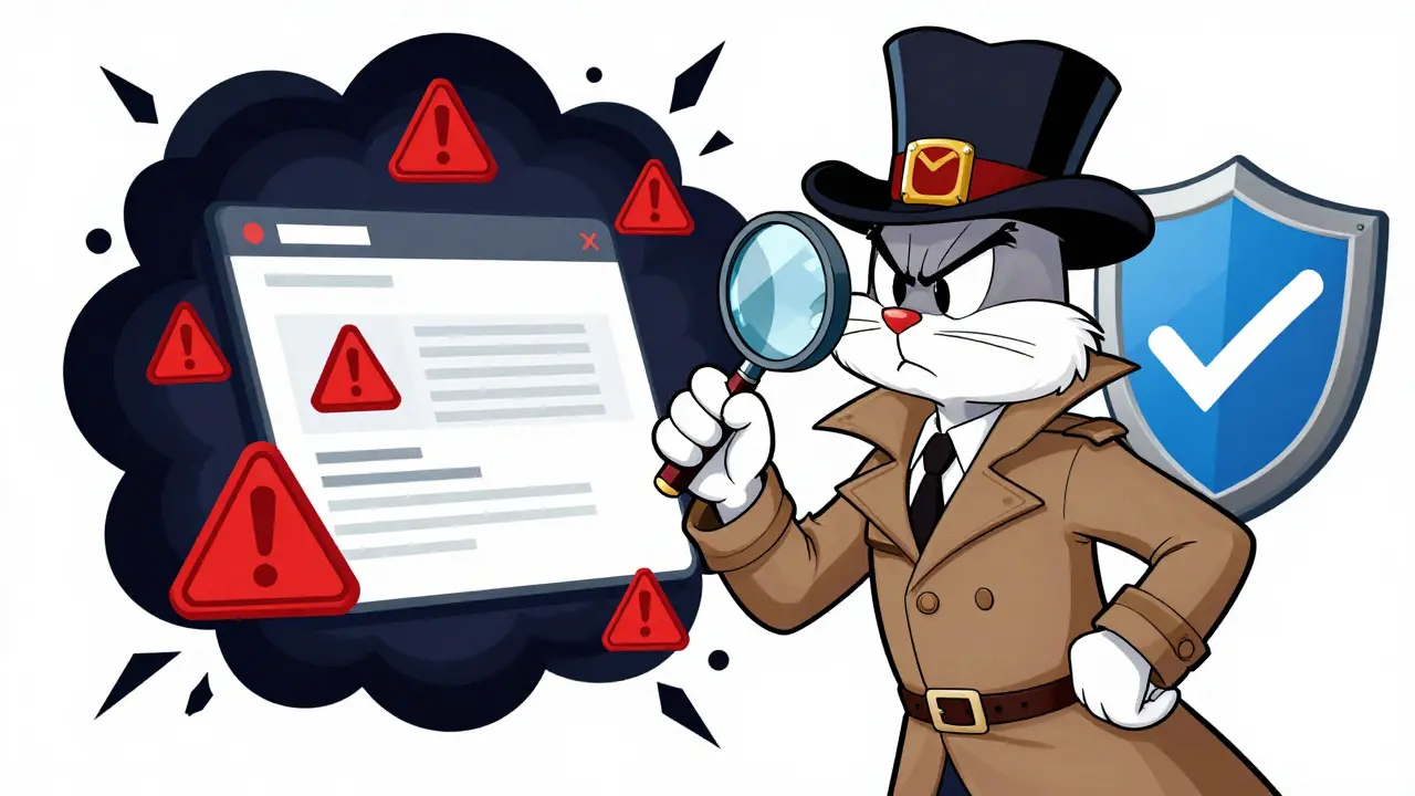 Detective cartoon checking for online pharmacy scams