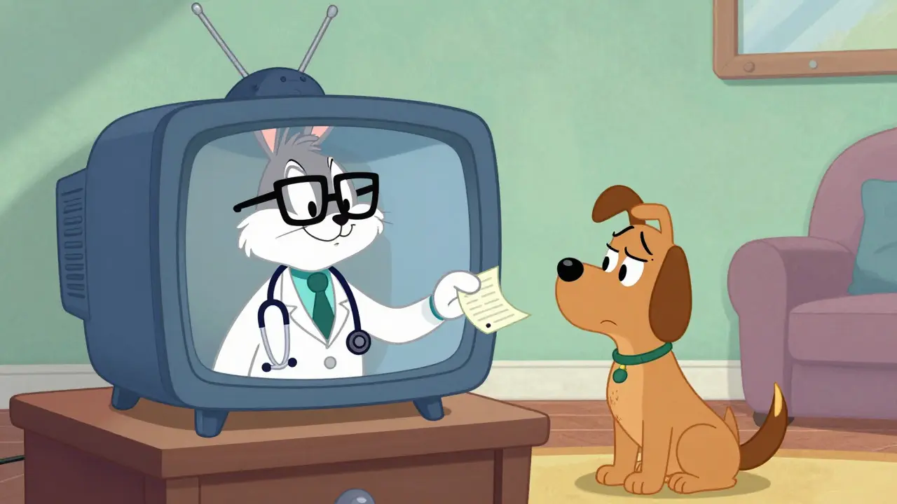 Doctor on TV screen prescribing meds to dog