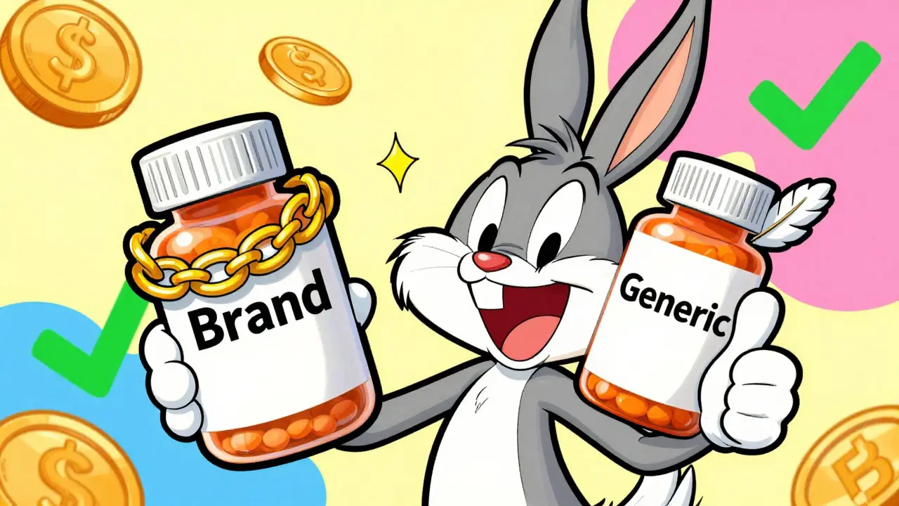 Happy cartoon character choosing generic over brand meds