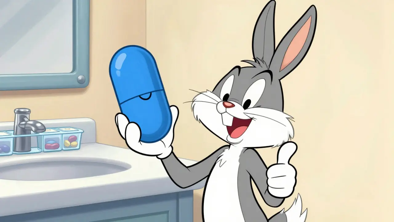 Happy cartoon character holding one large smiling pill