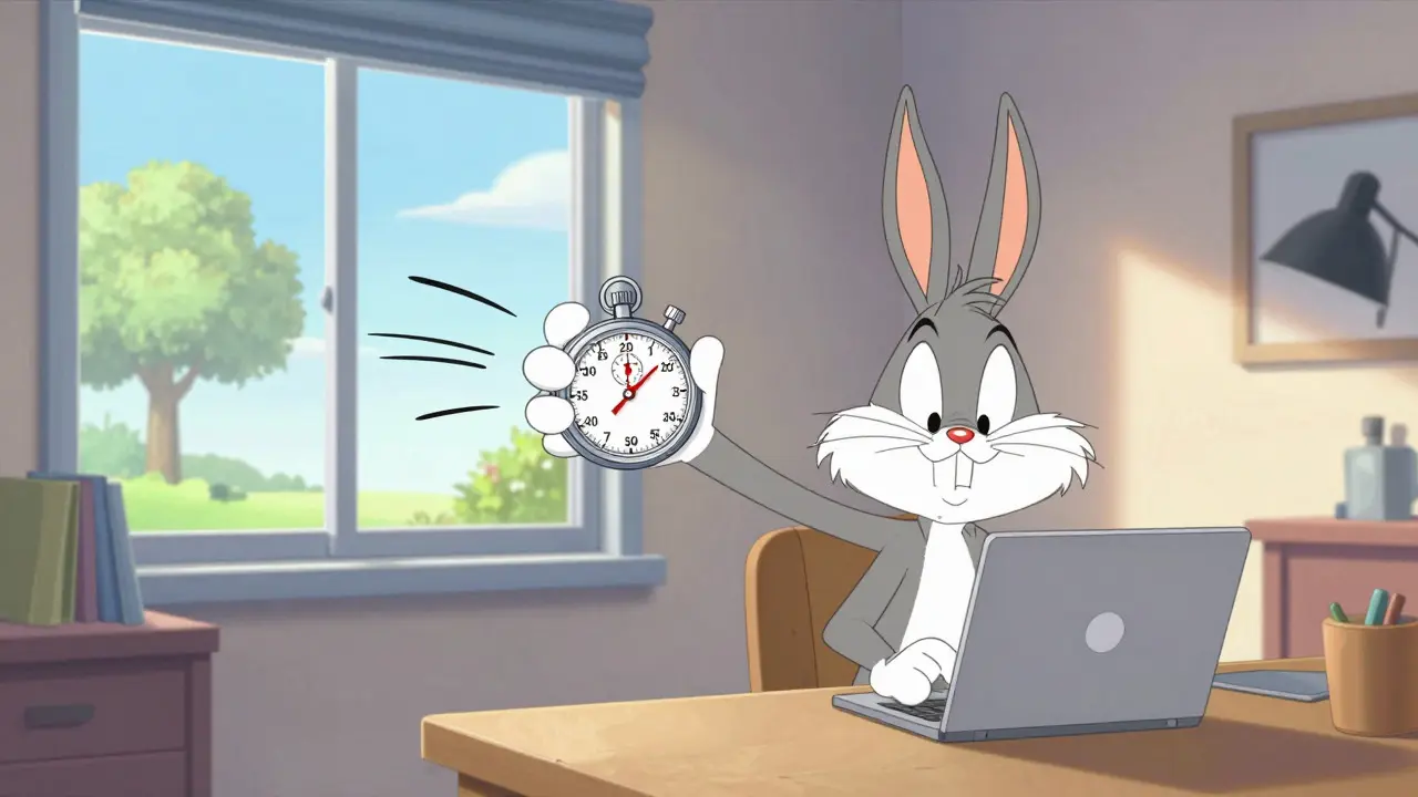 Happy cartoon character looking out window following the 20-20-20 eye rest rule