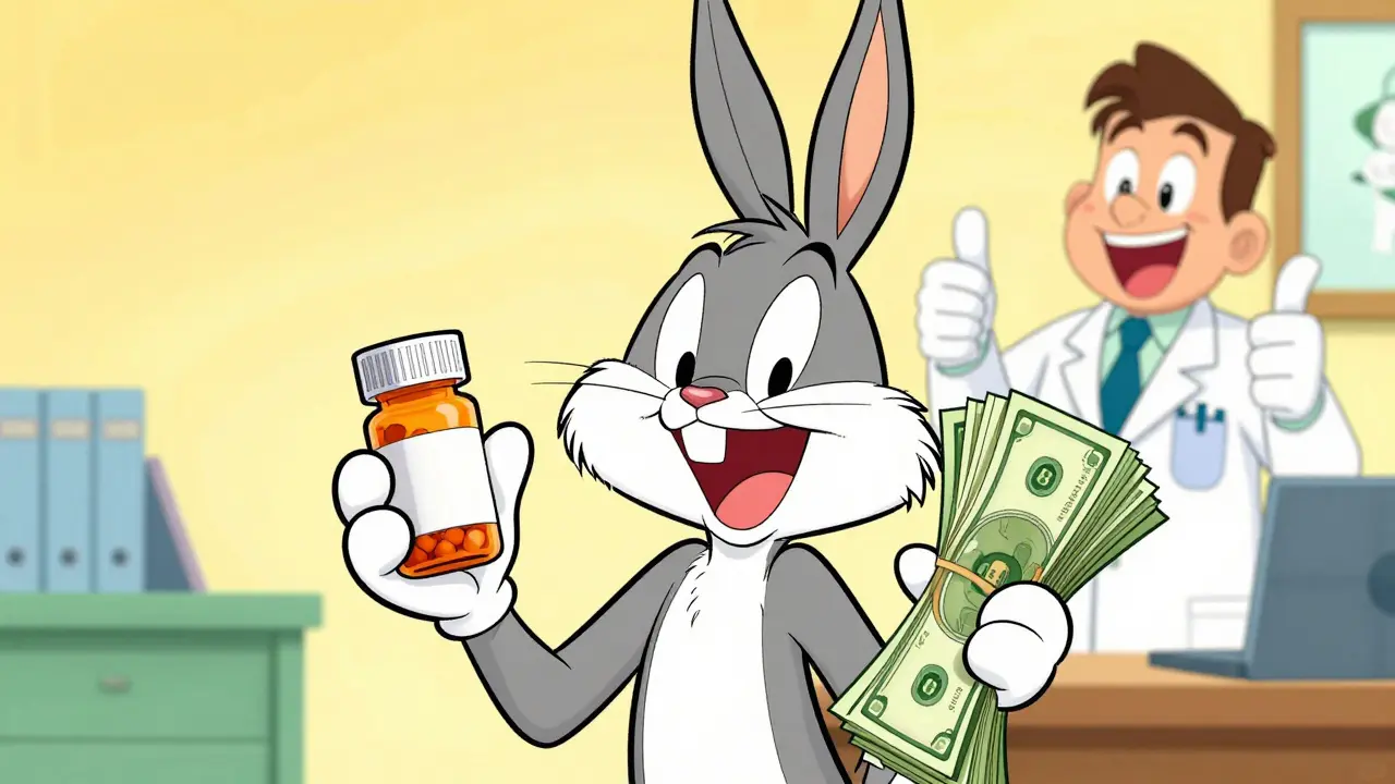 Happy cartoon character saving money on generics