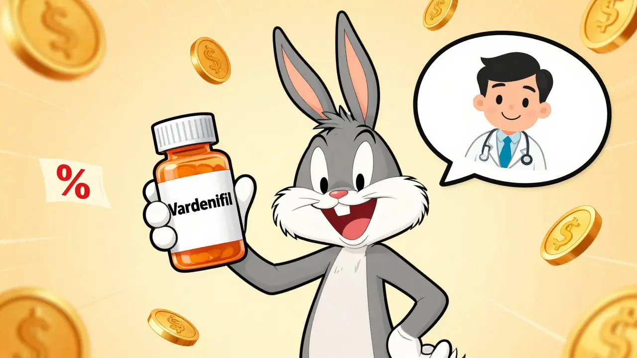 Happy cartoon character saving money with generic medication