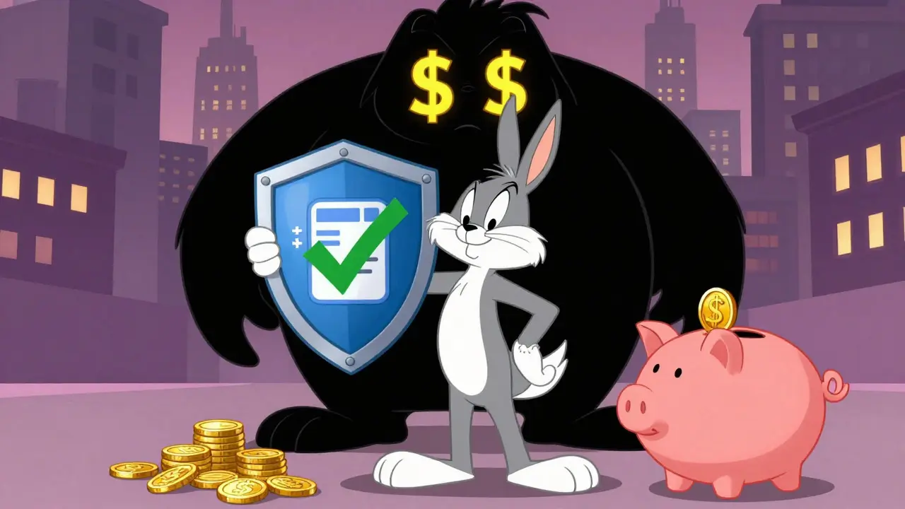 Heroic cartoon dog protecting savings from counterfeit drug scams with a shield