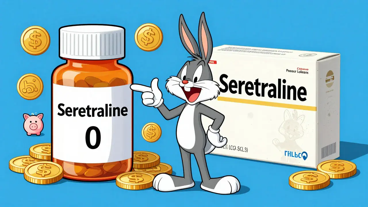 Looney Tunes style graphic comparing cheap generic pills to expensive brand