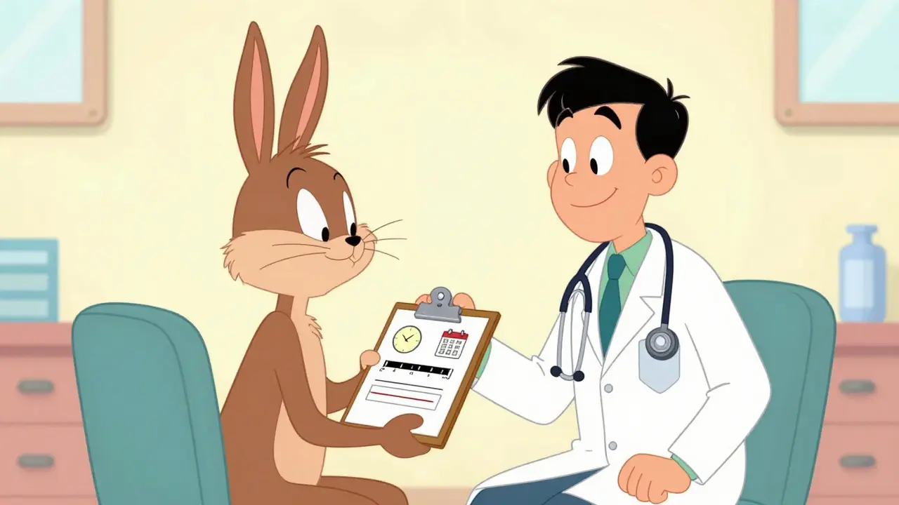 Patient and doctor discussing symptoms with a clipboard in a colorful office
