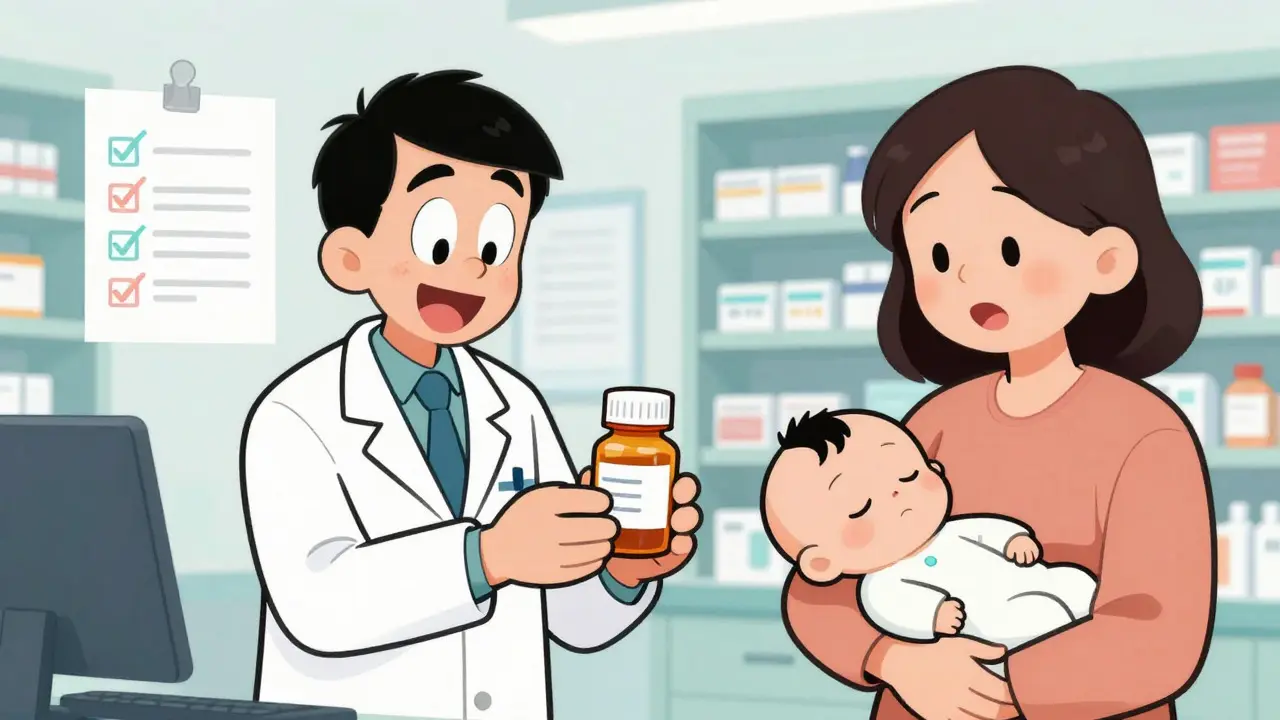 Pharmacist giving safe meds to parent with baby