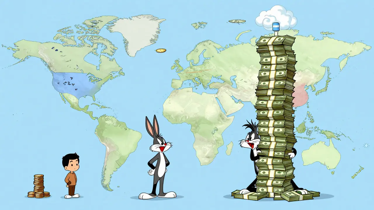 World map with comical stacks of money showing global drug cost disparities