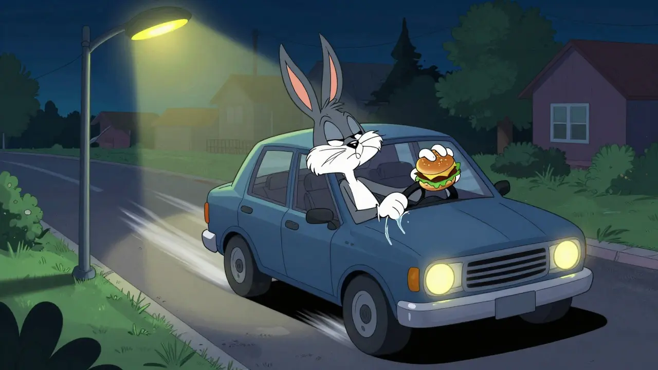 Cartoon character sleep-driving and eating while unconscious