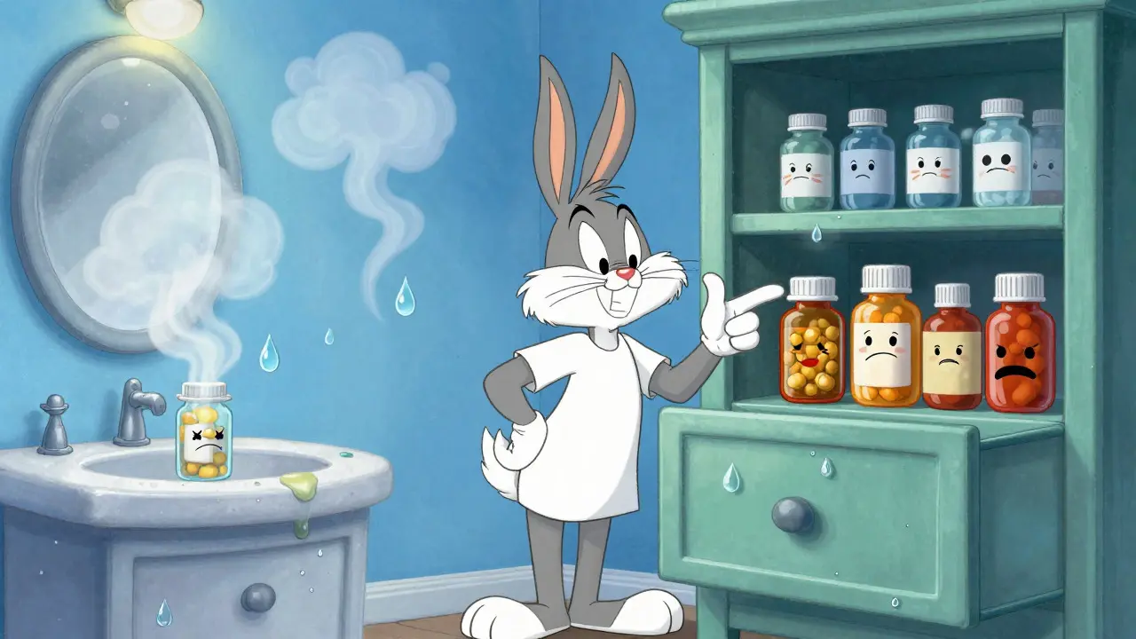 Cartoon comparison of bad bathroom storage vs good bedroom storage.
