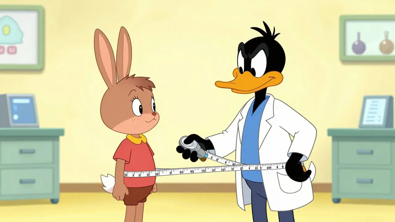 Cartoon doctor measuring a child's waist with a large tape measure