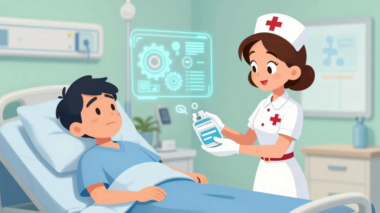 Cartoon nurse handing medication to a patient with abstract tech symbols in background