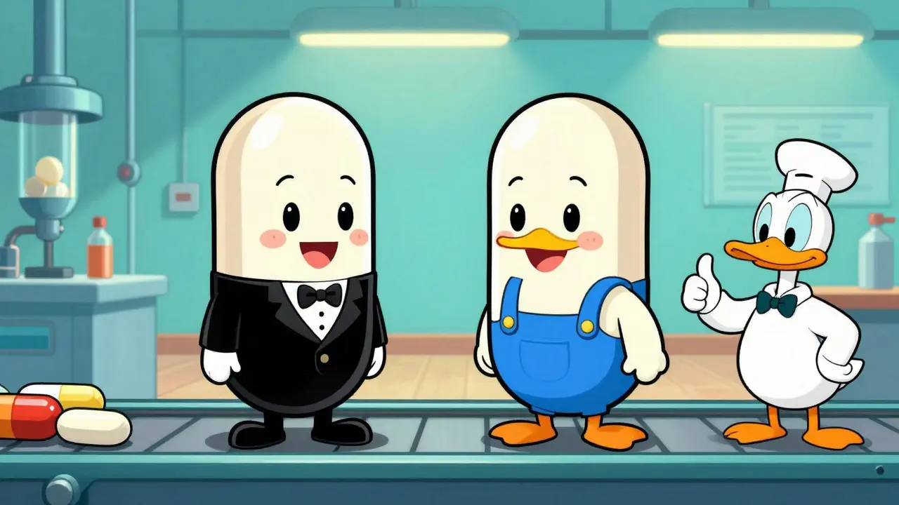 Cartoon showing identical pills with different clothes in a factory