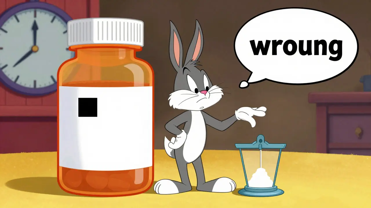 Character comparing a huge pill bottle to a tiny correct dose