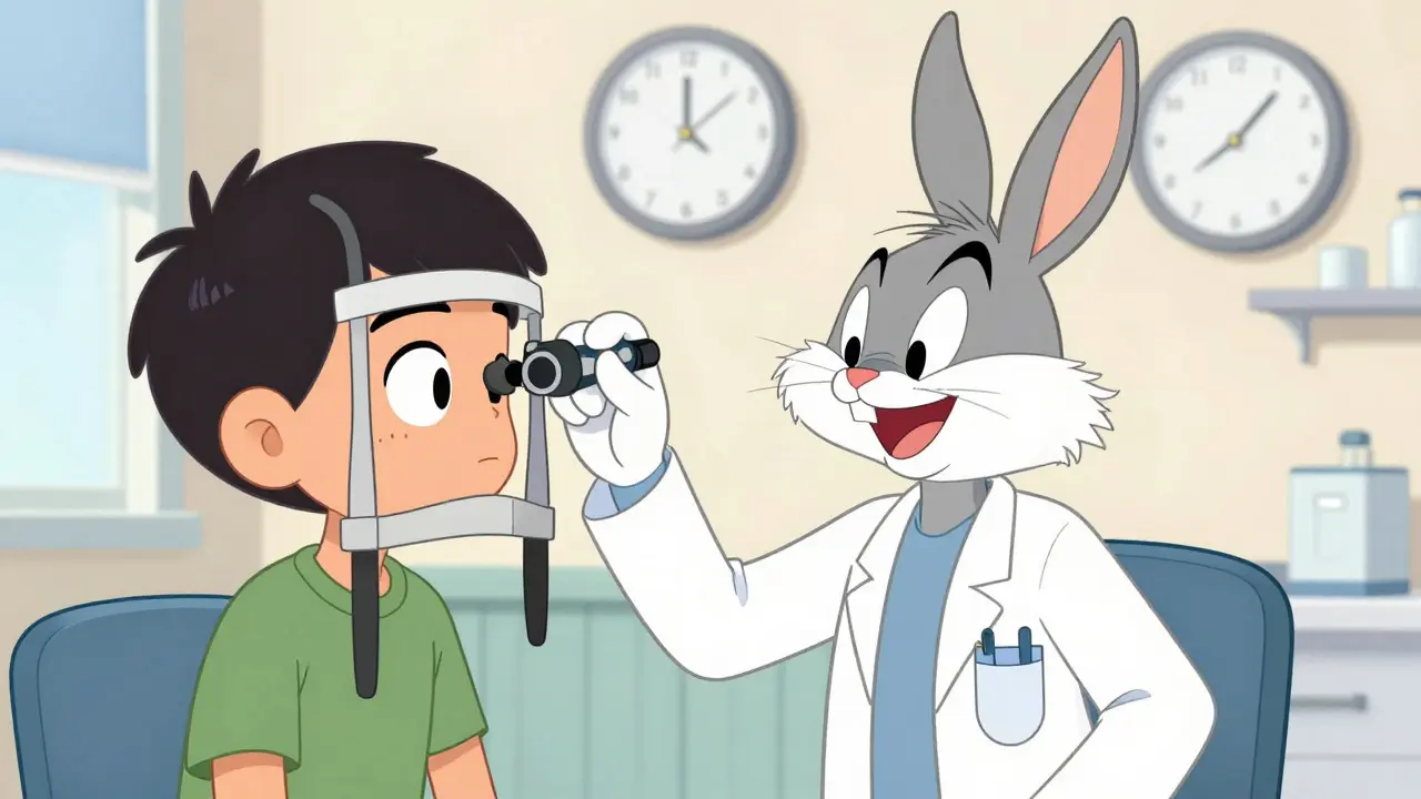 Cheerful doctor examining a patient's eye with a lens in a bright clinic