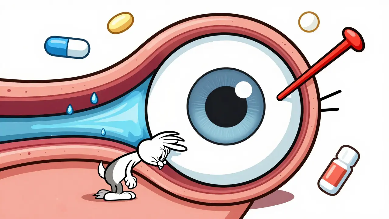 Cross-section cartoon showing iris blocking eye drainage causing pressure buildup