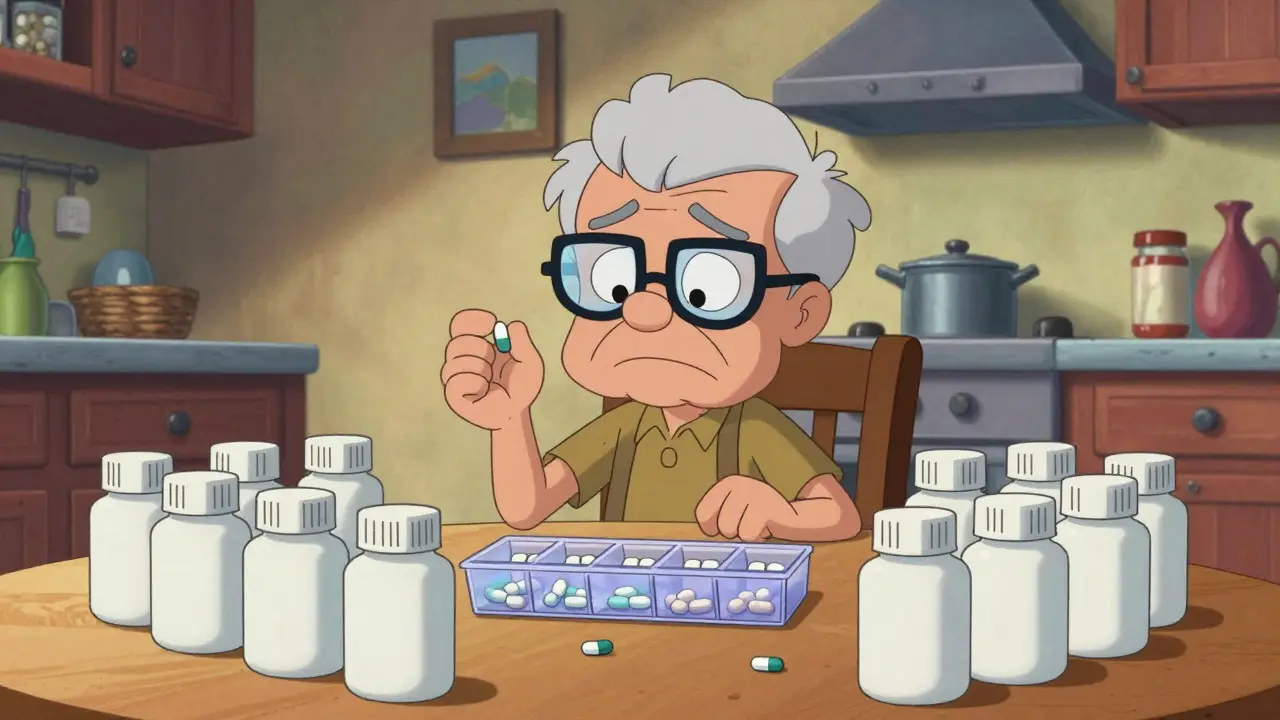 Elderly person confused by multiple identical pill bottles at home