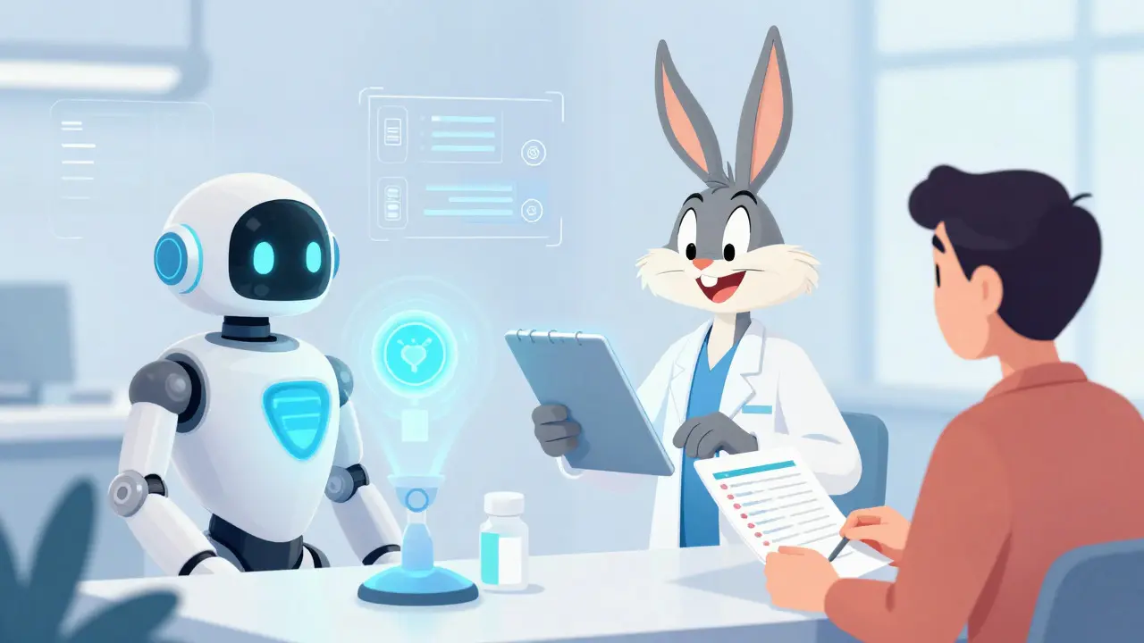 Friendly pharmacist and AI robot reviewing medication safety
