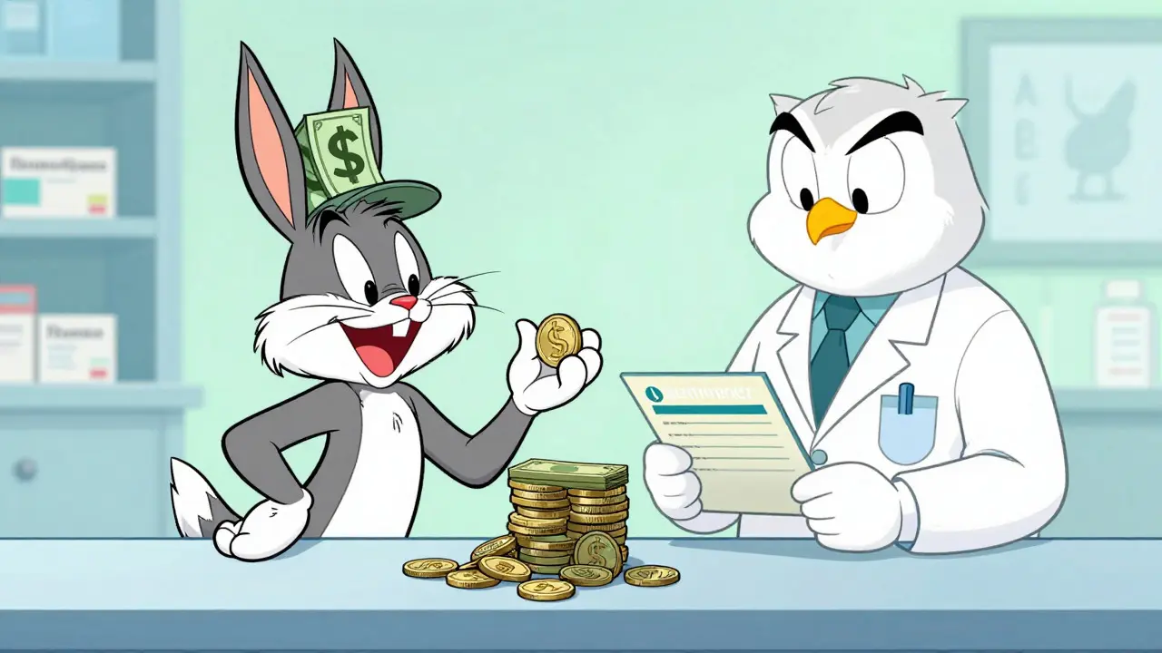 Happy cartoon character saving money with authorized generic drugs