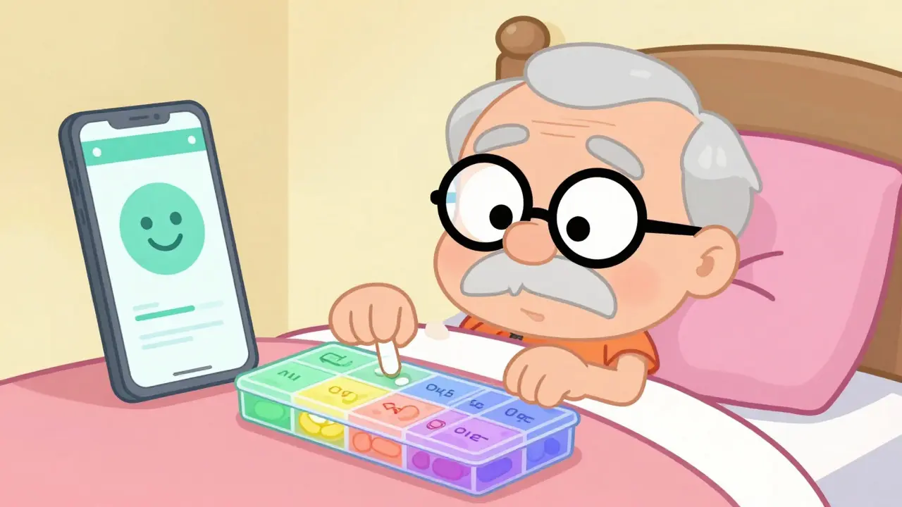 Happy cartoon senior using a pill organizer and smartphone app.