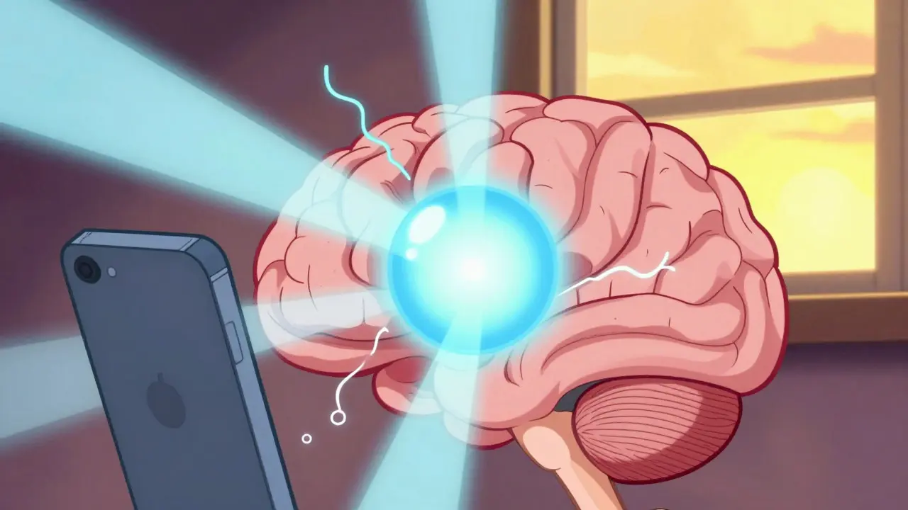 Illustration of brain pineal gland reacting to light and darkness