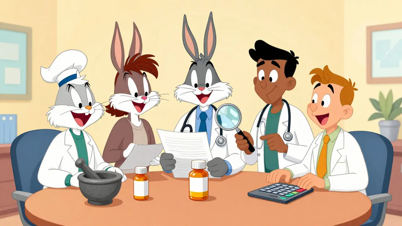 Illustration of doctors and pharmacists collaborating around a table reviewing documents